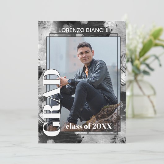 白黒グレイ抽象芸術卒業 案内状 (スタンド正面)