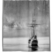 白黒グレイ旧海賊船セーリングボート シャワーカーテン (正面)