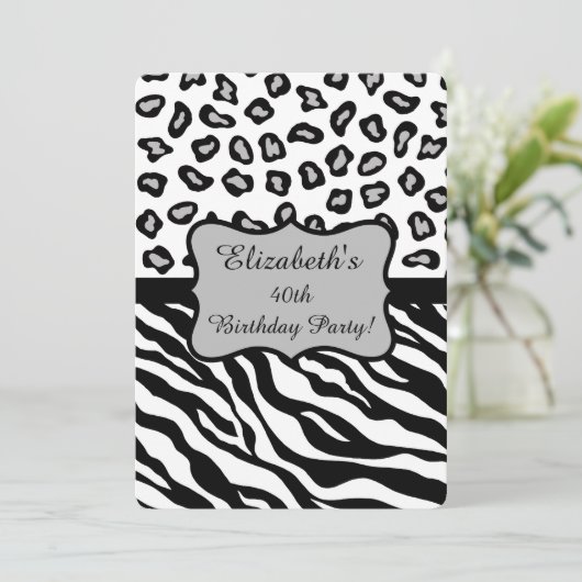 白黒グレーゼブラヒョウの皮40歳の誕生日 招待状 (スタンド正面)