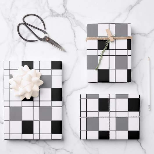 白黒グレープレイドタータンチェックパターン ラッピングペーパーシート (正面)