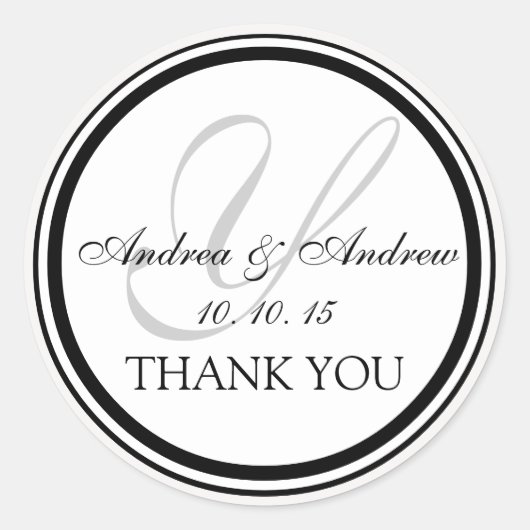 白黒グレーモノグラム結婚Y's Thank You ラウンドシール (正面)