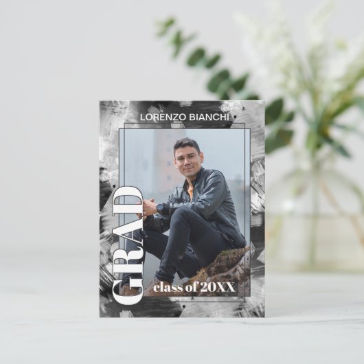 白黒グレー抽象芸術卒業発表 ポストカード (スタンド正面)