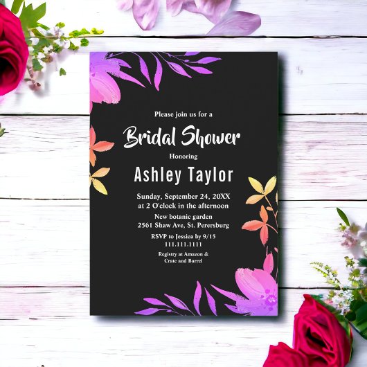 白黒グローネオンフローラブライダルシャワー 招待状