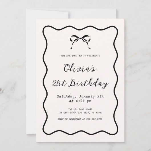 白黒コケット弓誕生日パーティー 招待状 (正面)