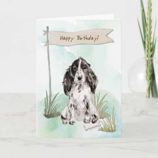 白黒コッカースパニエル犬ドッグ誕生日 カード (正面)
