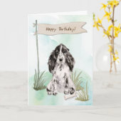 白黒コッカースパニエル犬ドッグ誕生日 カード (黄色い花)
