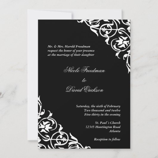 白黒コーナースクロールスクリプトエレガントな結婚式 招待状 (正面)