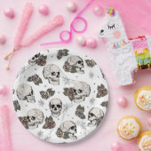 白黒ゴシックスカルとバラハロウィーン ペーパープレート (パーティー)