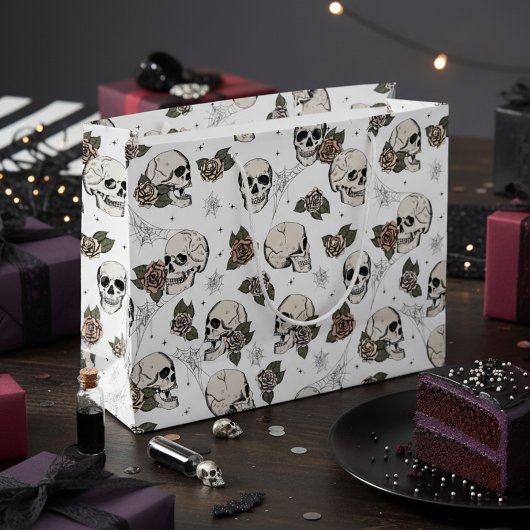白黒ゴシックスカルとバラハロウィーン ラージペーパーバッグ