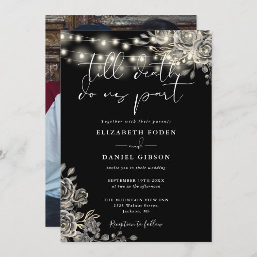 白黒ゴシックバラライトフォト結婚ズ 招待状 (正面/裏面)