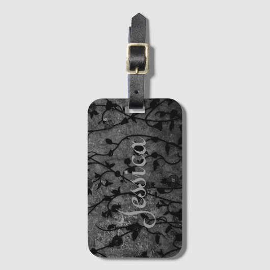 白黒ゴシック様式のアンティークフローラ ラゲッジタグ (正面縦)