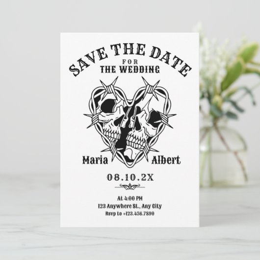 白黒ゴシック様式のスカル結婚カップル セーブザデート (スタンド正面)