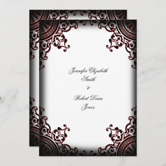 白黒ゴシック様式のスクロール結婚式招待状 招待状 (正面/裏面)