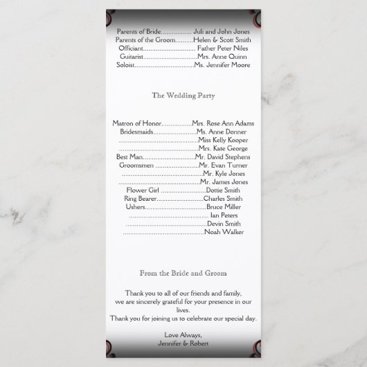 白黒ゴシック様式のスクロール結婚式 プログラム (裏面)