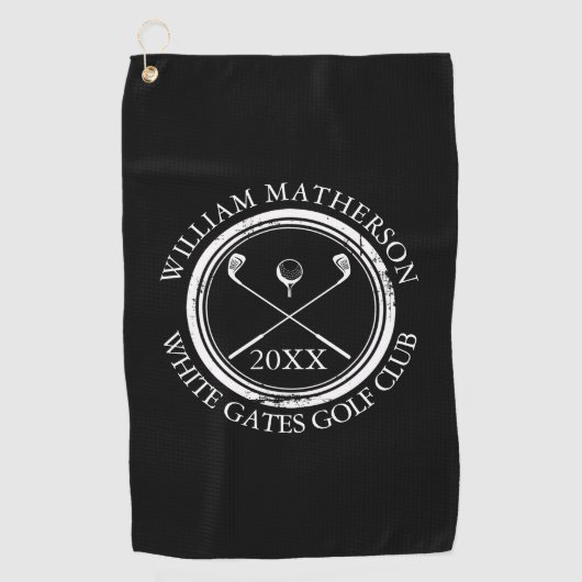 白黒ゴルファーとクラブ名の日付 ゴルフタオル (正面)