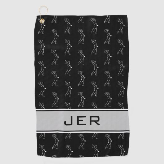 白黒ゴルファー男性シルエットモノグラムの ゴルフタオル (正面)