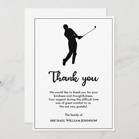 白黒ゴルフプレーヤー葬儀記念碑 サンキューカード (正面/裏面)