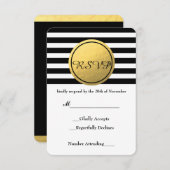 白黒ゴールドストライプのフォイル円RSVPカード 出欠カード (正面/裏面)