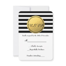 白黒ゴールドストライプのフォイル円RSVPカード