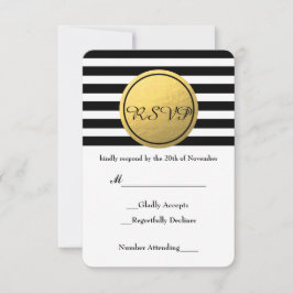 白黒ゴールドストライプのフォイル円RSVPカード 出欠カード