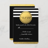 白黒ゴールドストライプのフォイル円RSVPカード 出欠カード (正面/裏面)