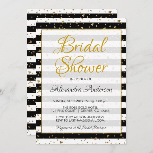 白黒ゴールドフォイルハートブライダルシャワー 招待状 (正面/裏面)