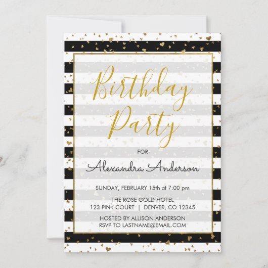 白黒ゴールドフォイルハート任意の年齢誕生日 招待状 (正面)
