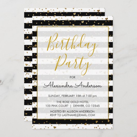 白黒ゴールドフォイルハート任意の年齢誕生日 招待状 (正面/裏面)