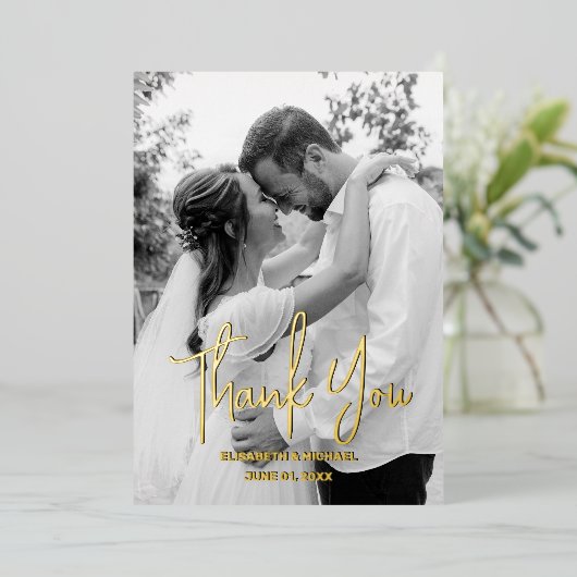白黒ゴールドフォイル結婚ズサンキューカード 箔招待状 (立ち正面)