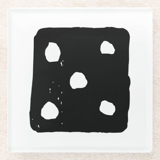 白黒サイコロ#5 Linocut ガラスコースター (正面)