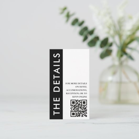 白黒サイドストライプのQRコードの結婚詳細 エンクロージャーカード (スタンド正面)
