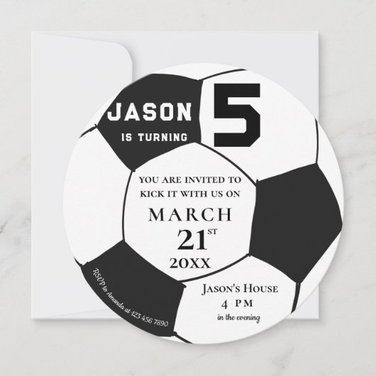 白黒サッカーサッカースポーツをテーマにした誕生日 招待状 (正面)