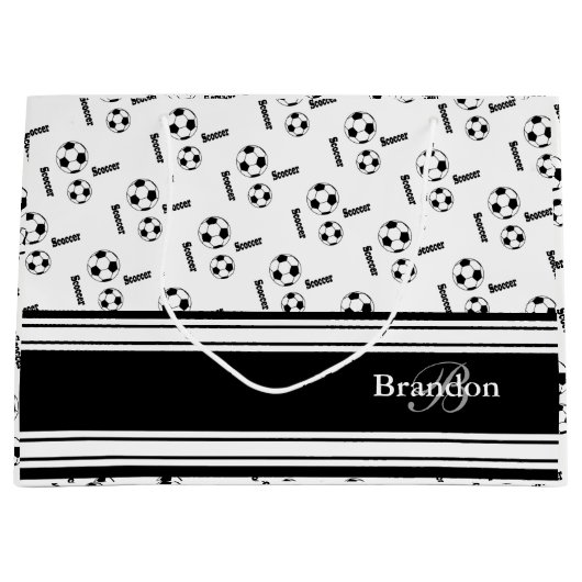 白黒サッカーボールのデザイン ラージペーパーバッグ (正面)