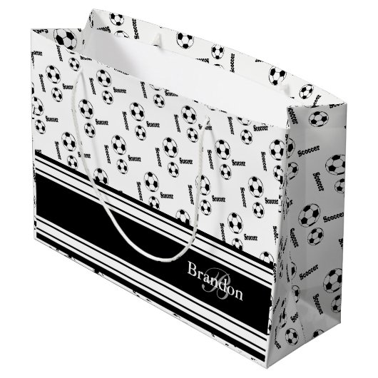 白黒サッカーボールのデザイン ラージペーパーバッグ (裏面アングル)