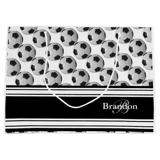 白黒サッカーボールを個人化して下さい ラージペーパーバッグ (正面)