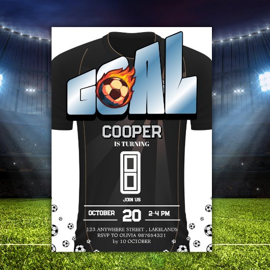 白黒サッカーユニフォームの誕生日パーティー 招待状