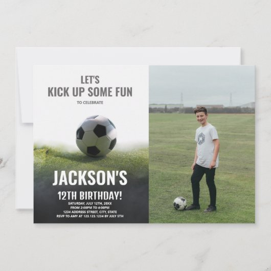 白黒サッカー誕生日招待状 招待状 (正面)