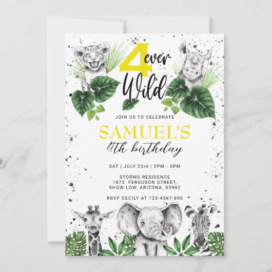 白黒サファリアニマルズ誕生日 招待状 (正面)