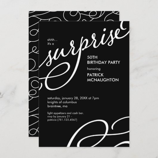 白黒サプライズエレガントバースデーパーティー 招待状 (正面/裏面)