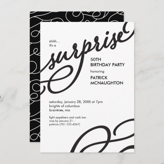 白黒サプライズエレガント誕生日パーティー 招待状 (正面/裏面)