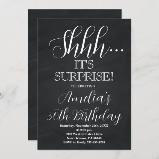 白黒サプライズ誕生日パーティー 招待状 (正面/裏面)