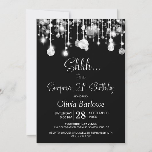 白黒サプライズ21歳の誕生日パーティー 招待状 (正面)