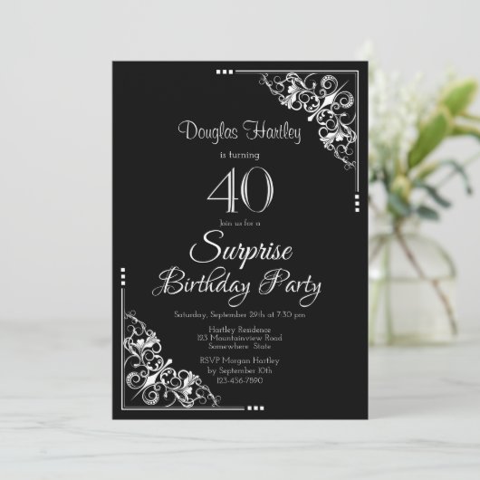 白黒サプライズ40歳の誕生日パーティー 招待状 (スタンド正面)