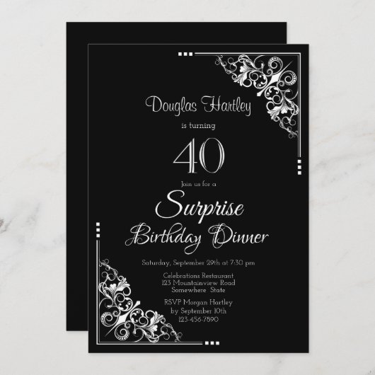 白黒サプライズ40th誕生日ディナー 招待状 (正面/裏面)