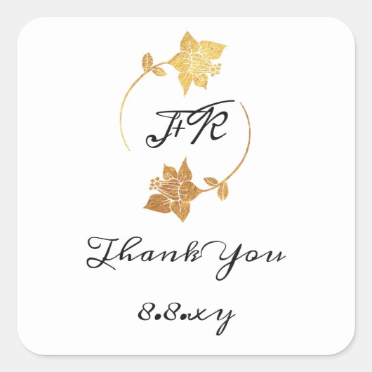 白黒サンキューイニシア金ゴールド花救日付 スクエアシール (正面)