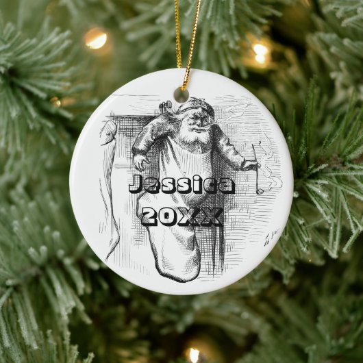 白黒サンタとクリスマスセラミックのオルネーム セラミックオーナメント (ツリー)