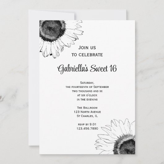 白黒サンフラワーズスウィート16誕生日 招待状 (正面)