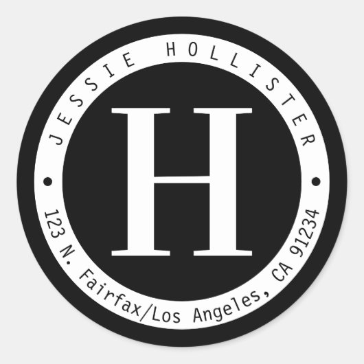 白黒サークルフレームモノグラム差出人住所 ラウンドシール (正面)