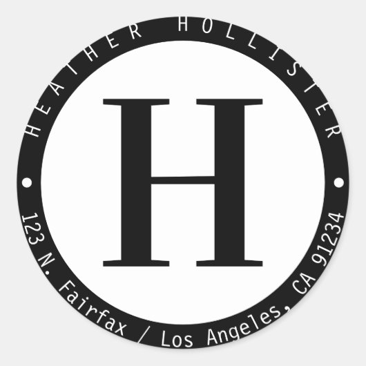 白黒サークルフレームモノグラム差出人住所 ラウンドシール (正面)