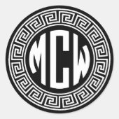 白黒サークルモノグラムフォントギリシャ鍵フレーム ラウンドシール (正面)